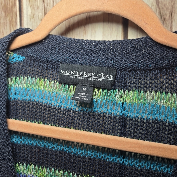 Monterey Bay Navy Green & Brown Striped Short Sleeve Cardigan Size Medium - Picture 2 of 8
